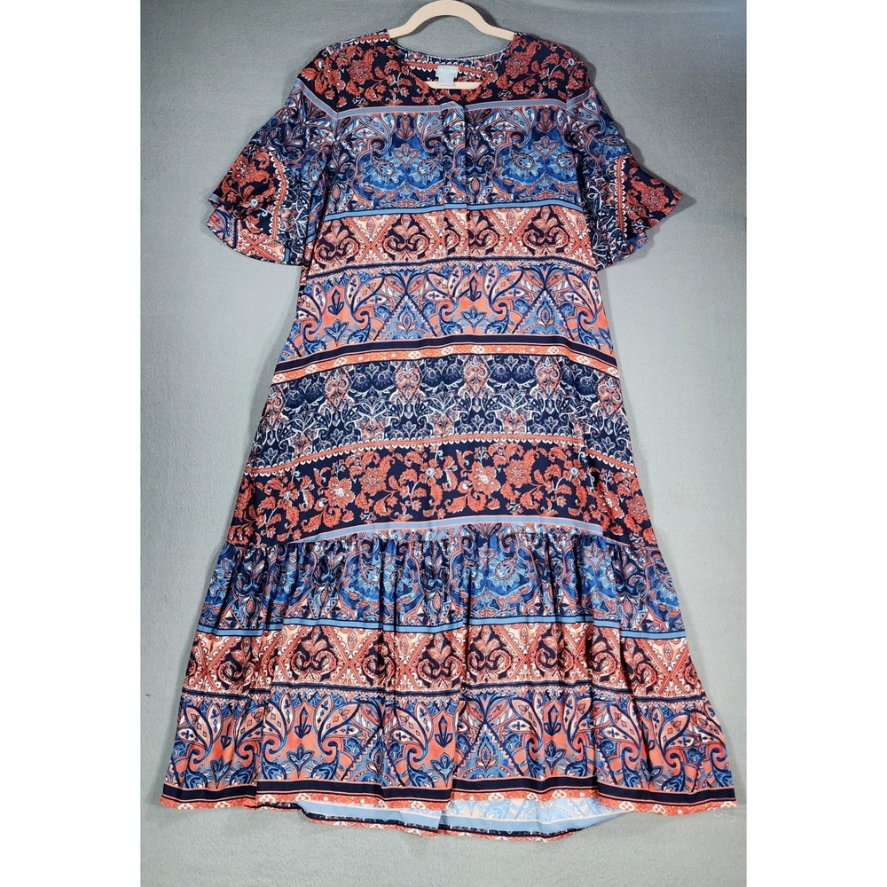 Chicos Boho Tiered Paisley Midi Dress Folklore Size 1.5 US 10 Blue Orange Ruffle